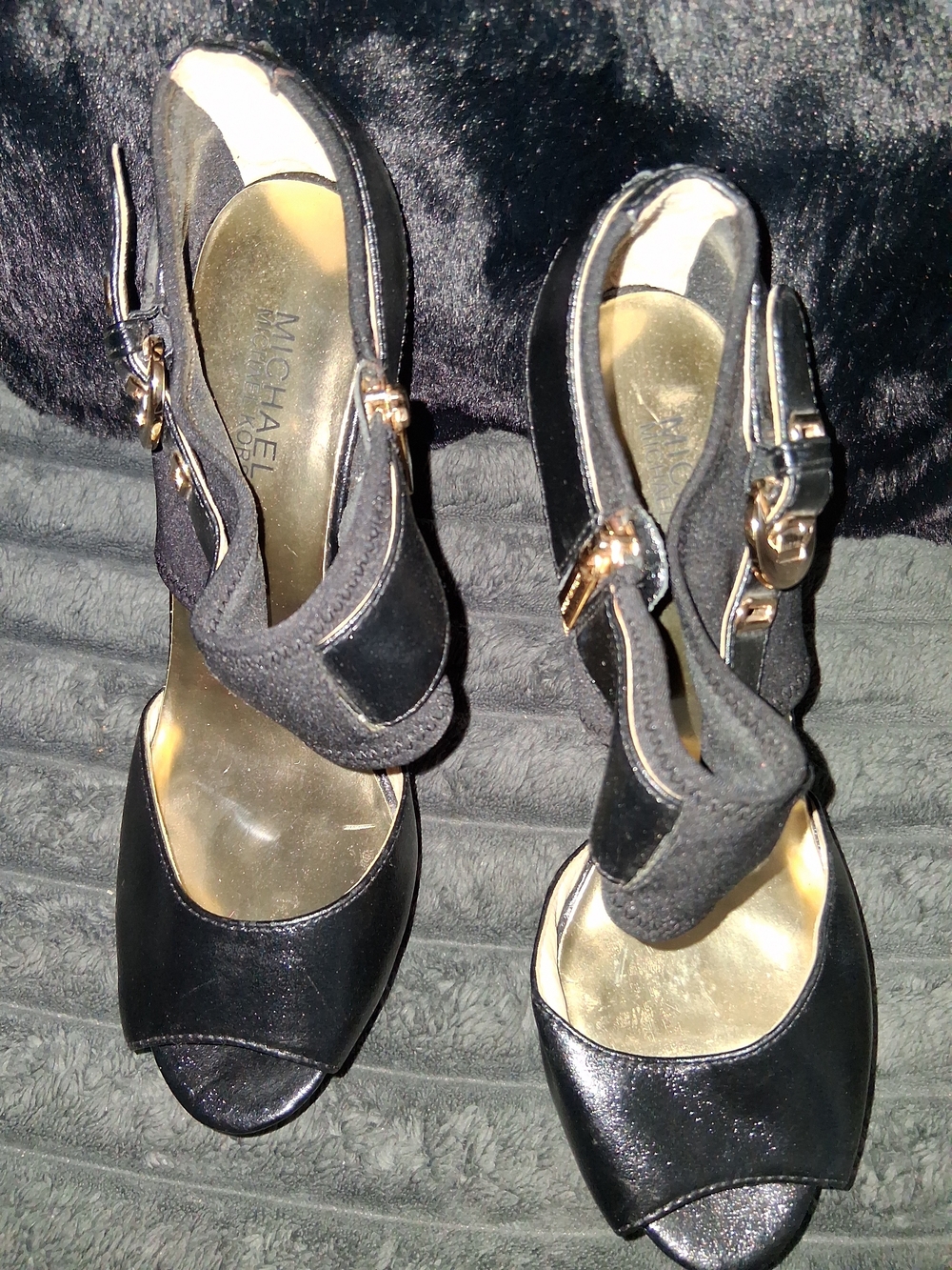 Michael Kors Black Open-Toe Ankle-Strap Heels with Gold Hardware